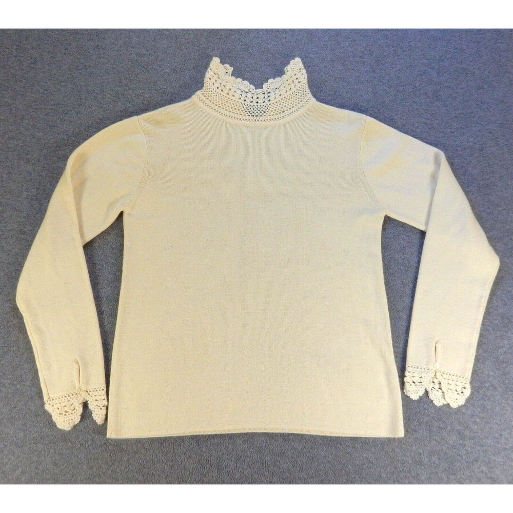Soft Surroundings Womens Sweater Medium White Wool Blend Elegant Crochet Collar
